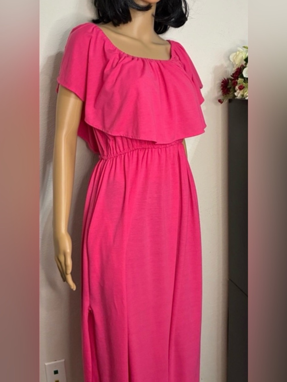Thanth Hot Pink Maxi Dress XL Off Shoulder Cotton Blend Boho Resort Pockets